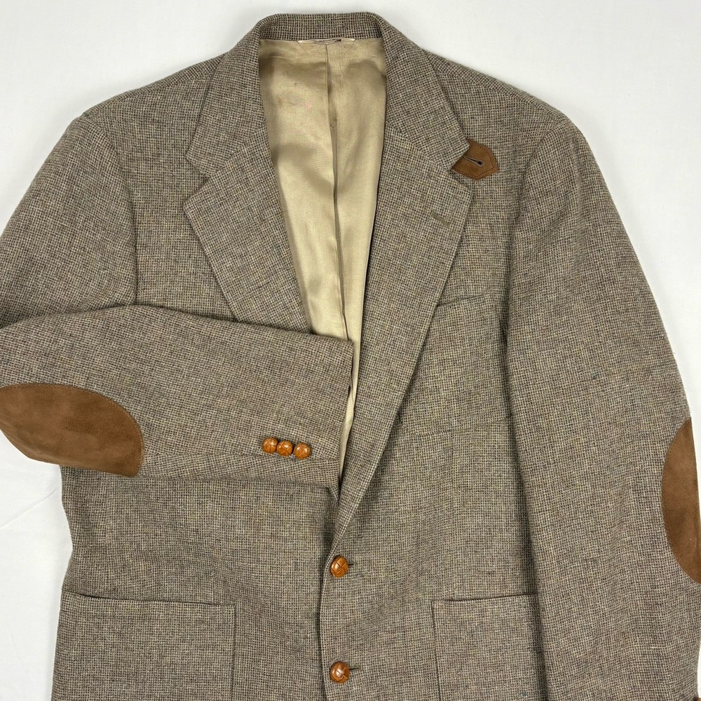 Hunt Valley Sport Coat Mens 42L Brown Wool Tweed Suede Elbow Patches Blazer USA